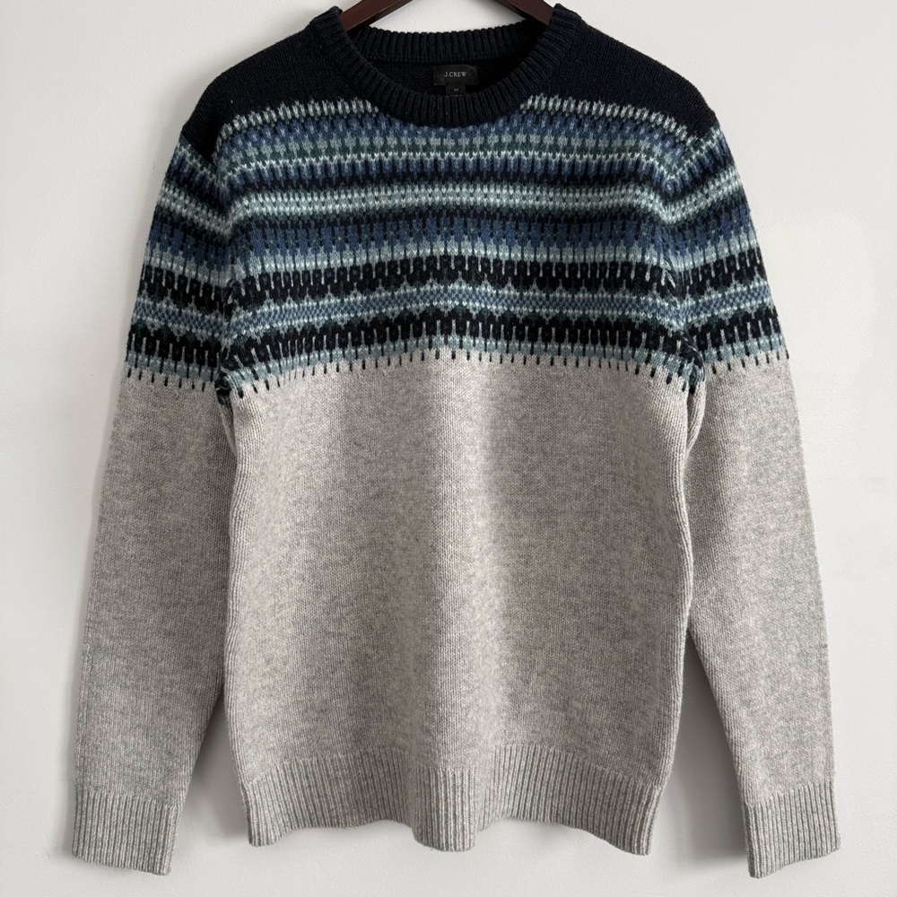 J Crew Navy and Gray Faire Isle Crewneck Lambs Wool Sweater